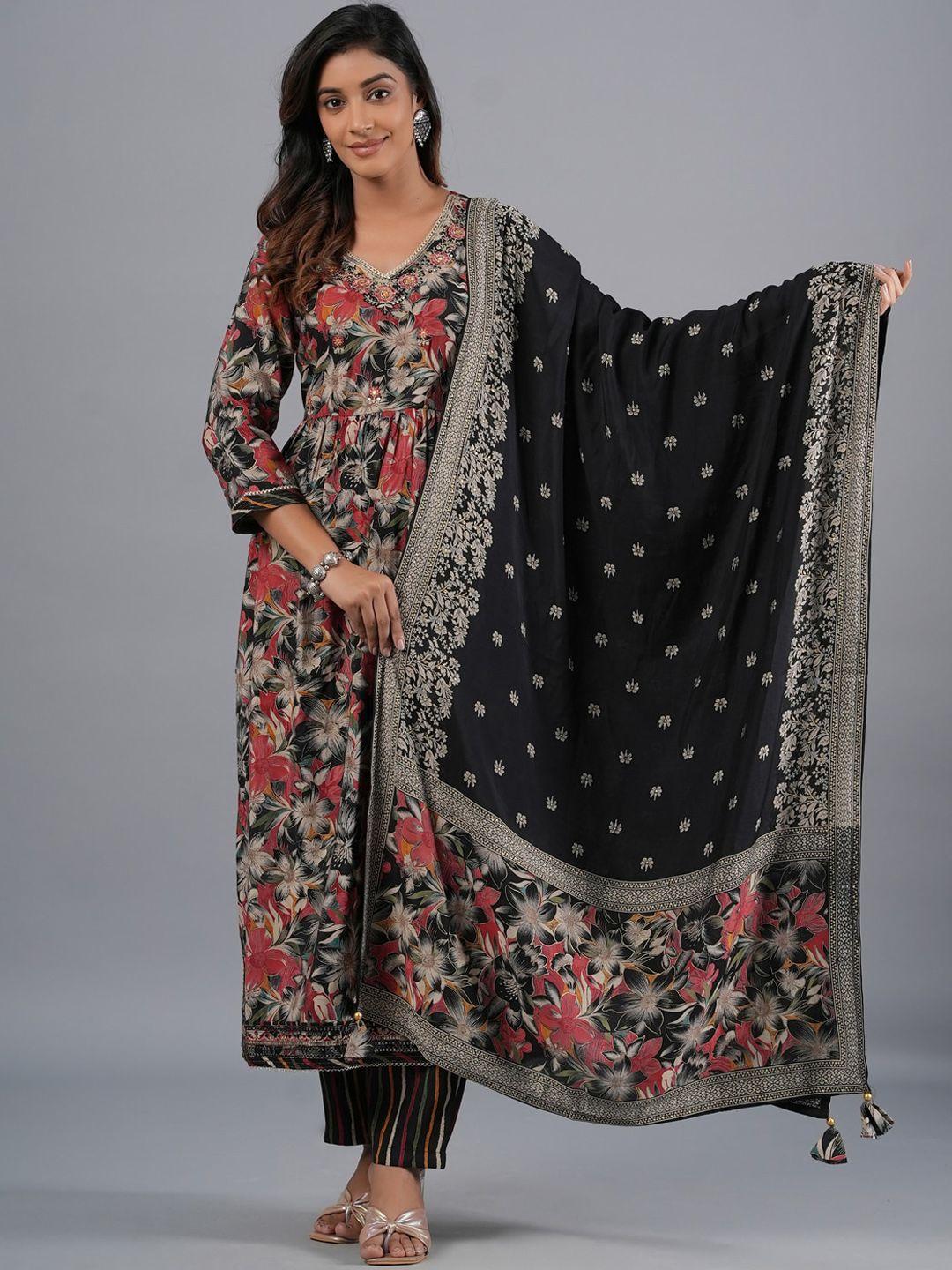amchoor floral printed thread work detailed a-line kurta & trouser with dupatta