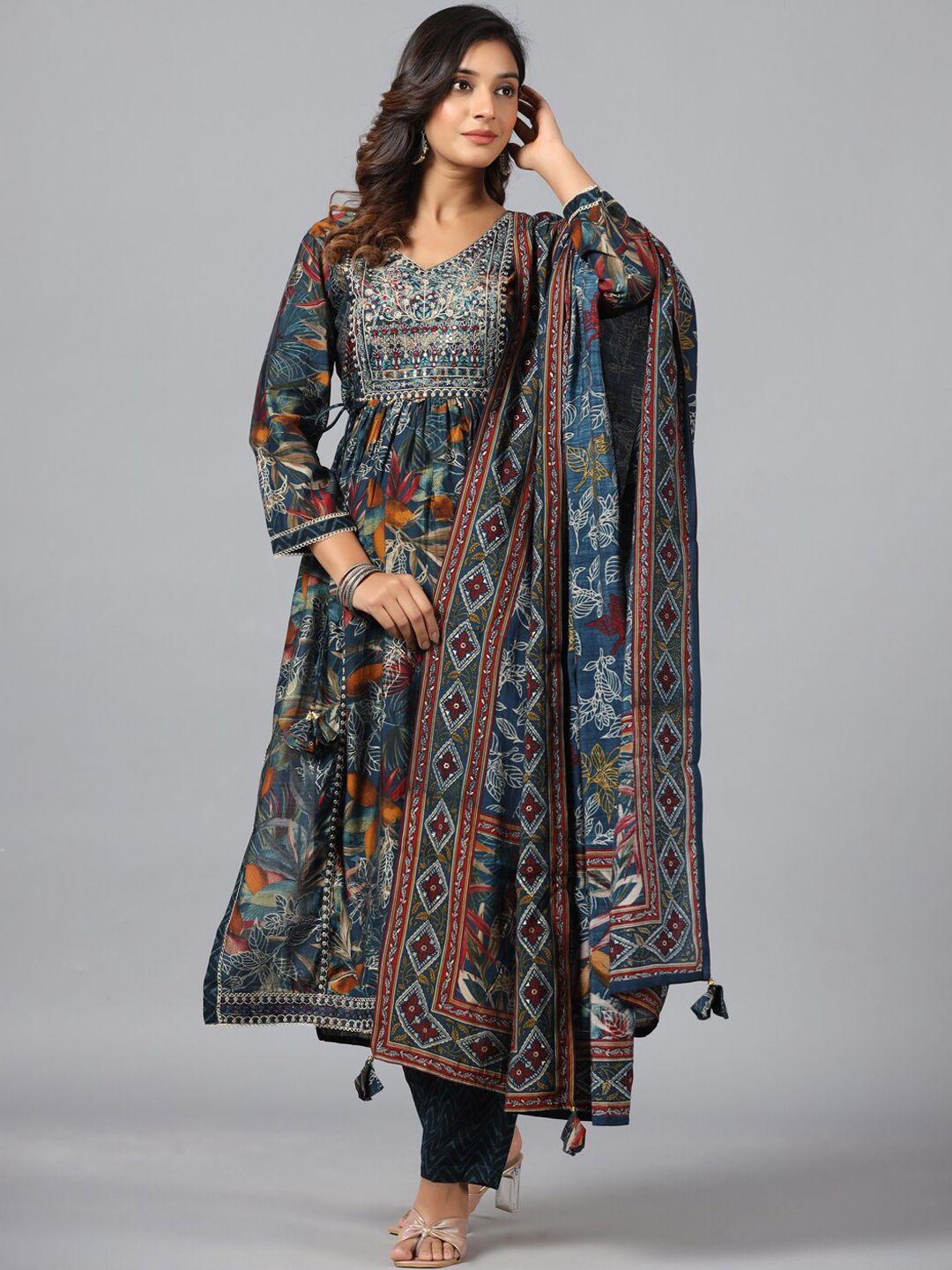 amchoor floral printed thread work detailed pleated a-line kurta & trouser with dupatta