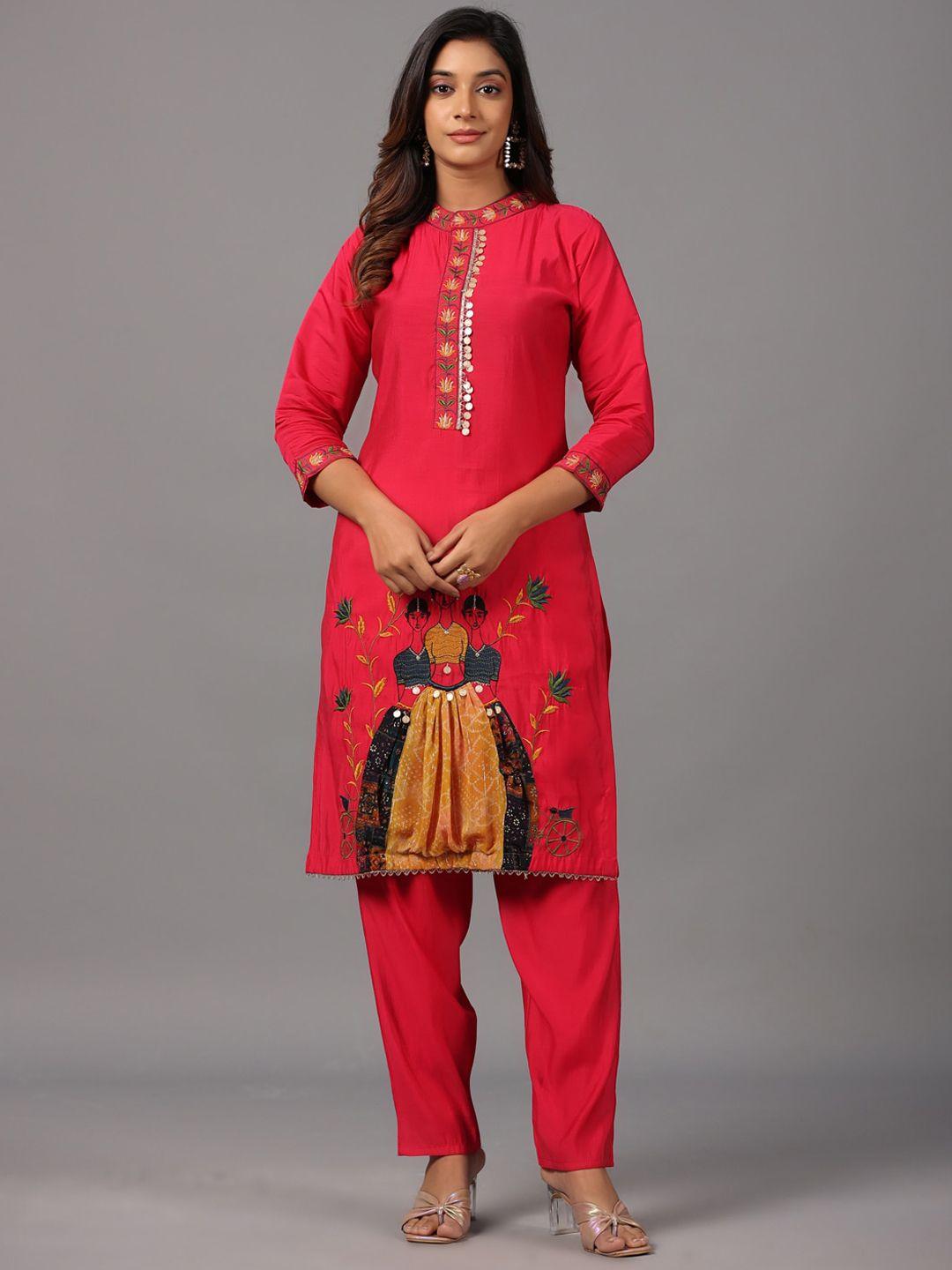 amchoor women pink regular kurti with trousers