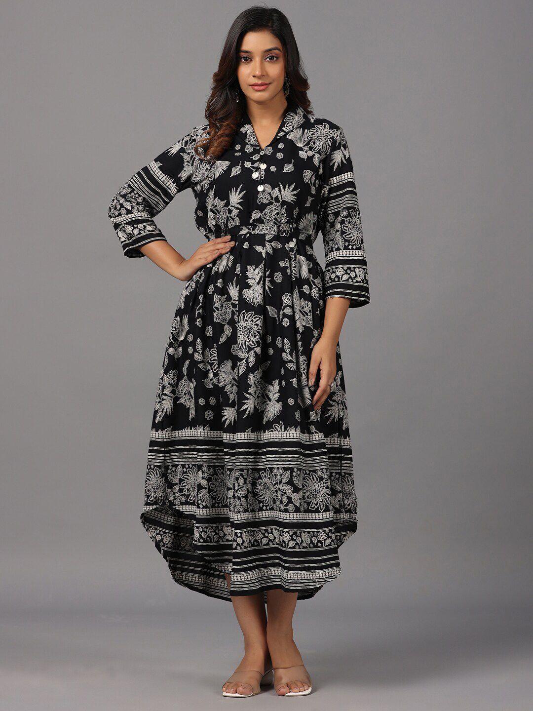 amchoor black floral chiffon fit & flare midi dress