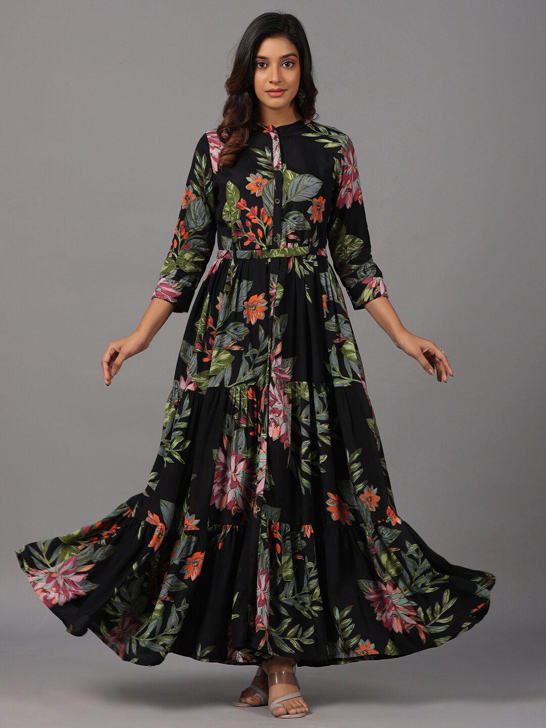 amchoor black floral print satin fit & flare maxi dress