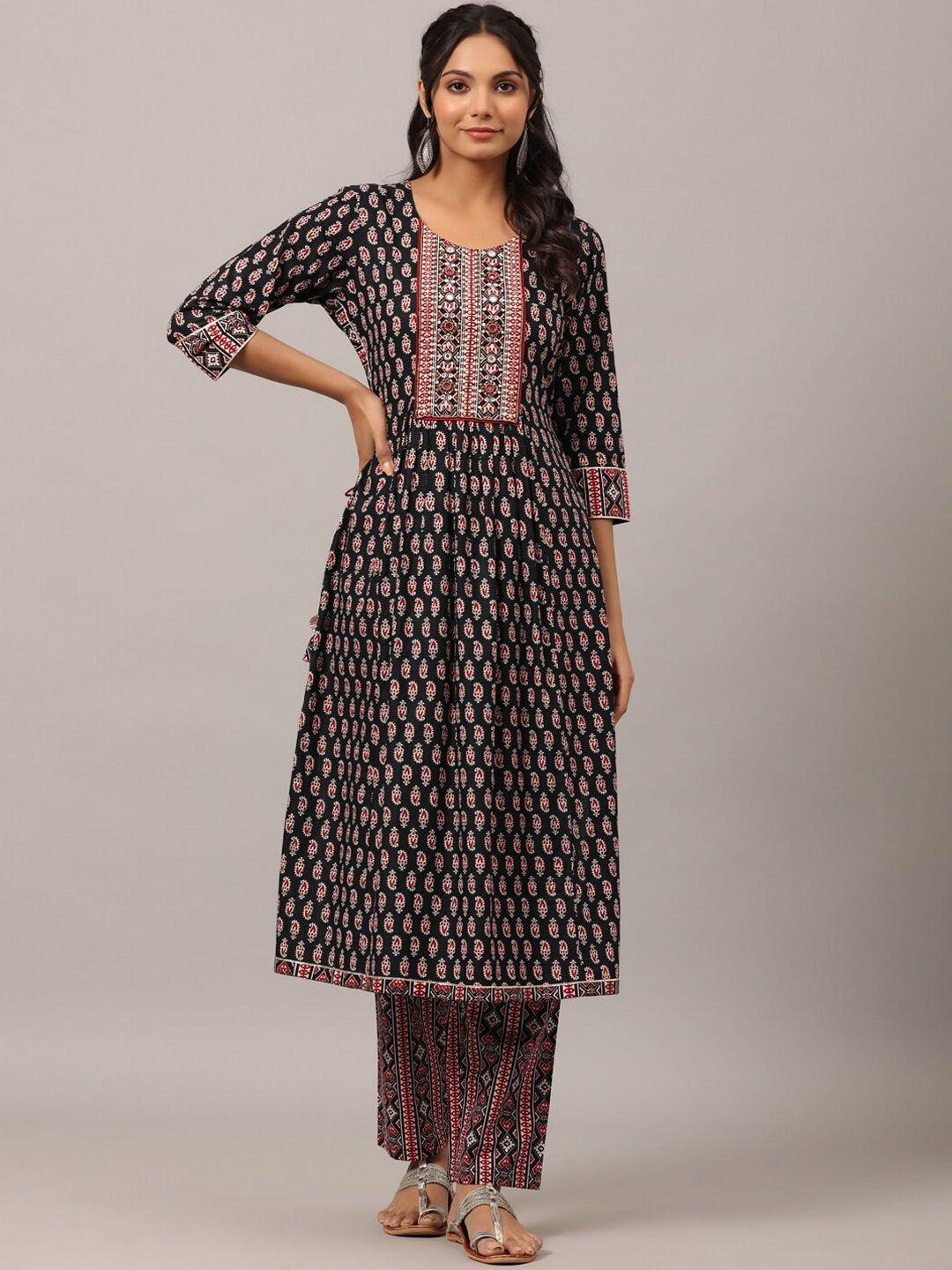 amchoor ethnic motifs printed mirror work a-line pure cotton kurta with trousers