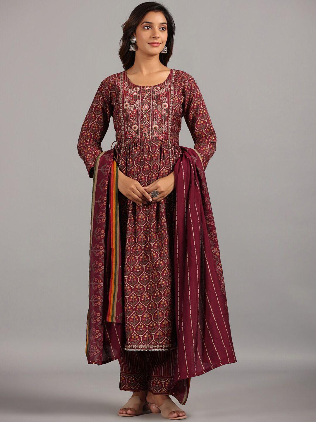 amchoor ethnic motifs printed thread work kurta with trousers & dupatta