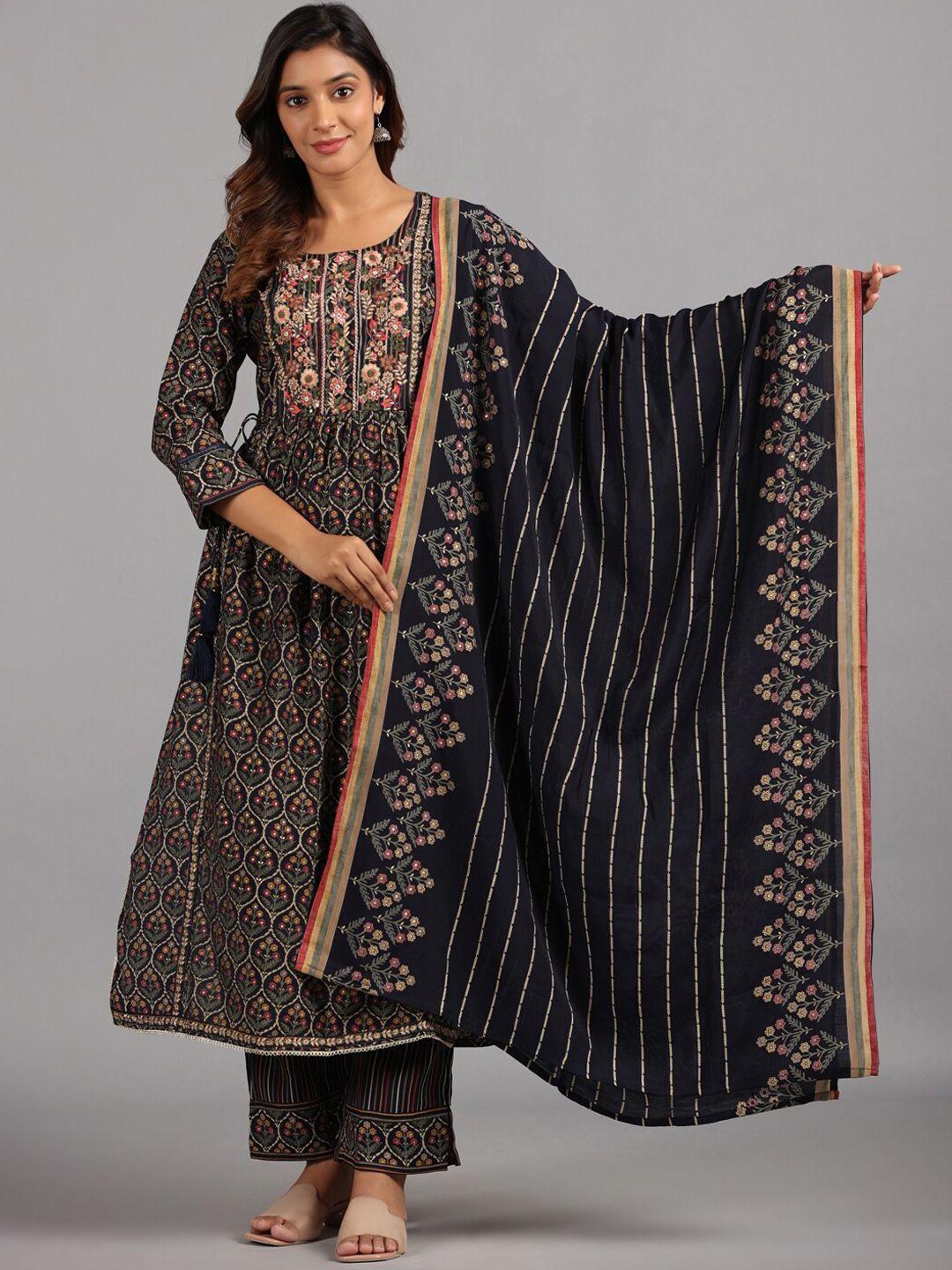 amchoor ethnic motifs printed thread work kurta with trousers & dupatta