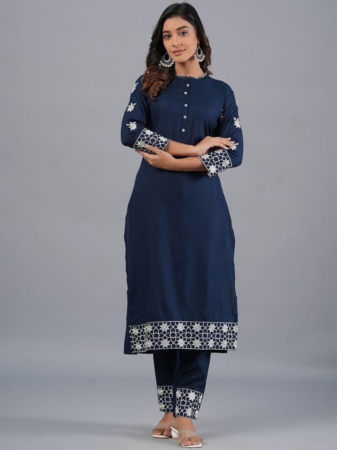 amchoor floral embroidered mandarin collar thread work straight kurta with trouser