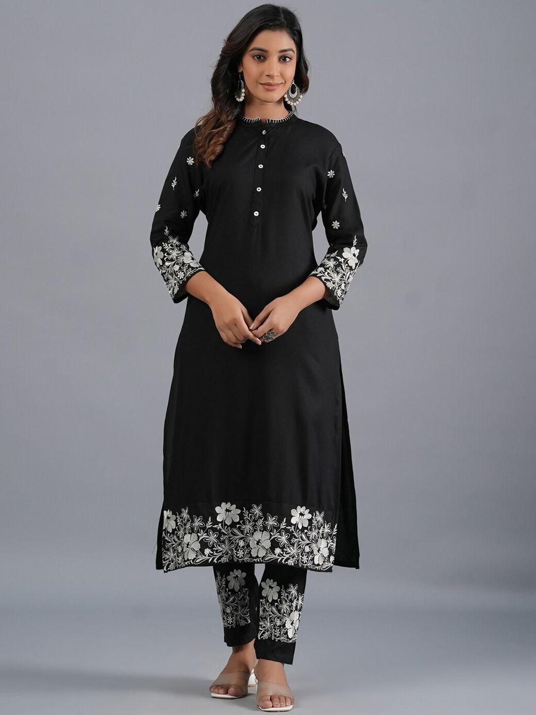 amchoor floral embroidered mandarin collar thread work straight kurta with trouser