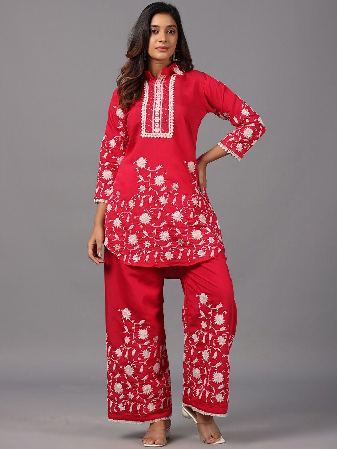 amchoor floral embroidered shirt collar tunic & palazzo