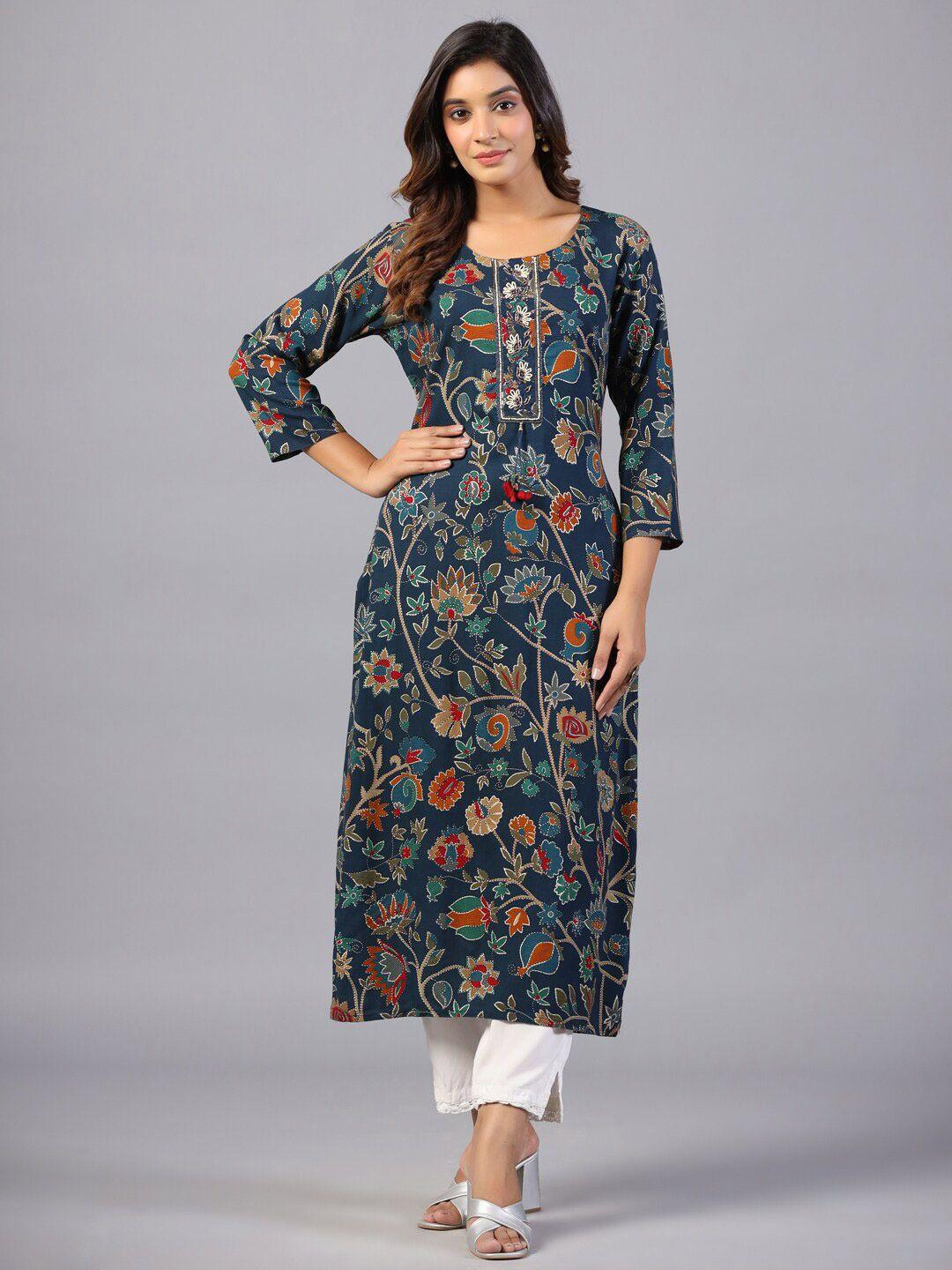 amchoor floral printed beads & stones detailed straight kurta