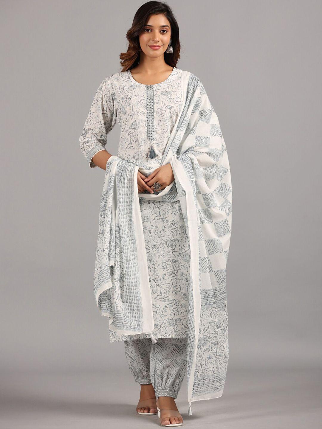 amchoor floral printed beads & stones straight kurta & salwar with dupatta