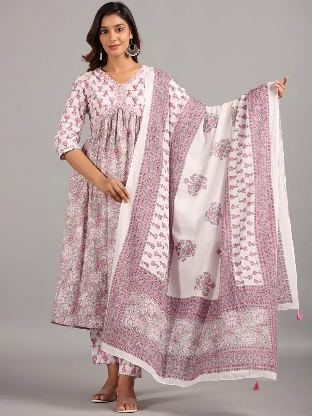 amchoor floral printed empire mirror work kurta with trousers & dupatta