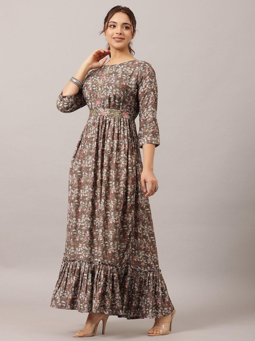 amchoor floral printed fit & flare maxi dress with belt
