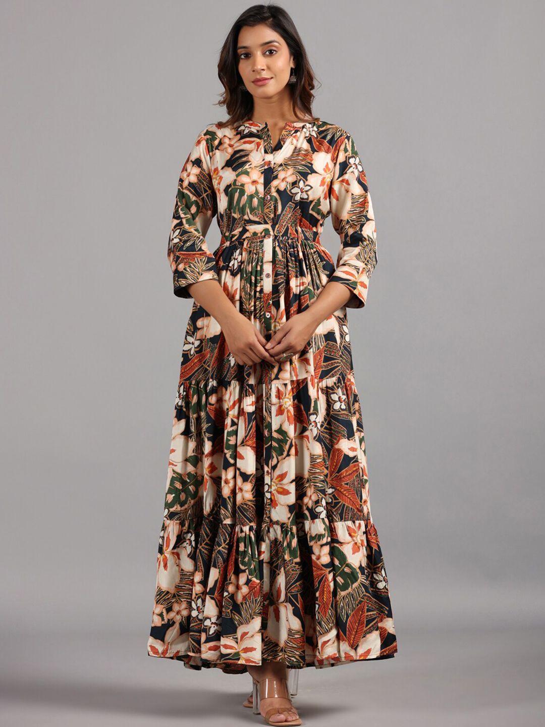 amchoor floral printed mandarin collar cotton fit & flare maxi dress