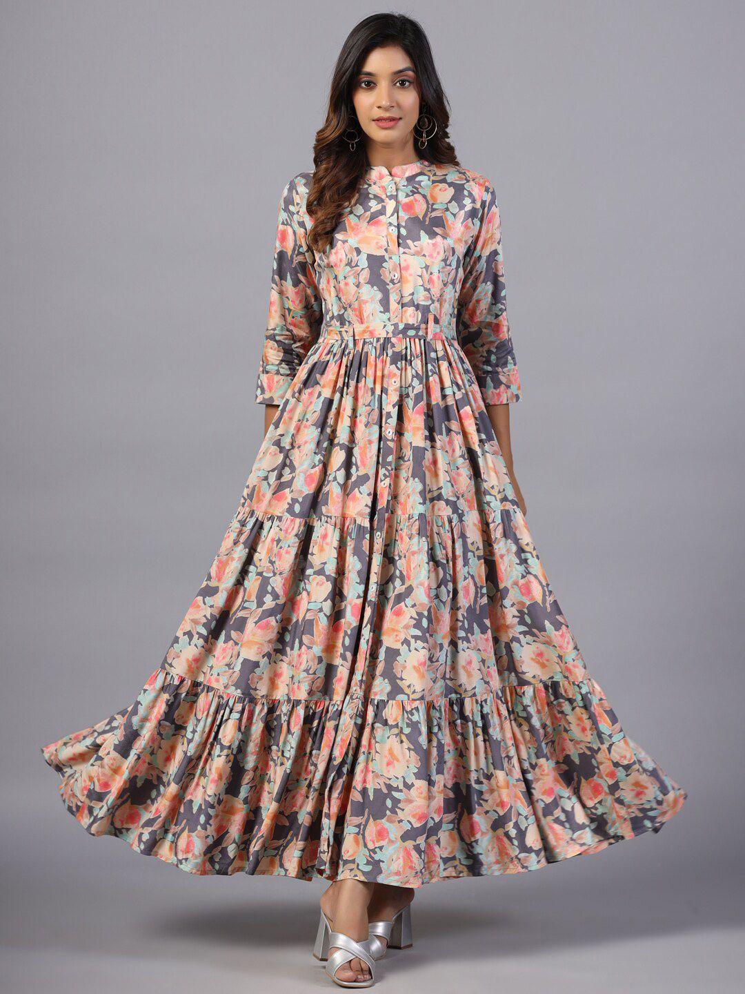 amchoor floral printed mandarin collar maxi tiered fit & flare dress