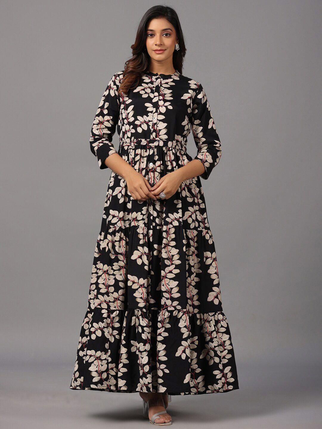 amchoor floral printed mandarin collar satin fit & flare maxi dress