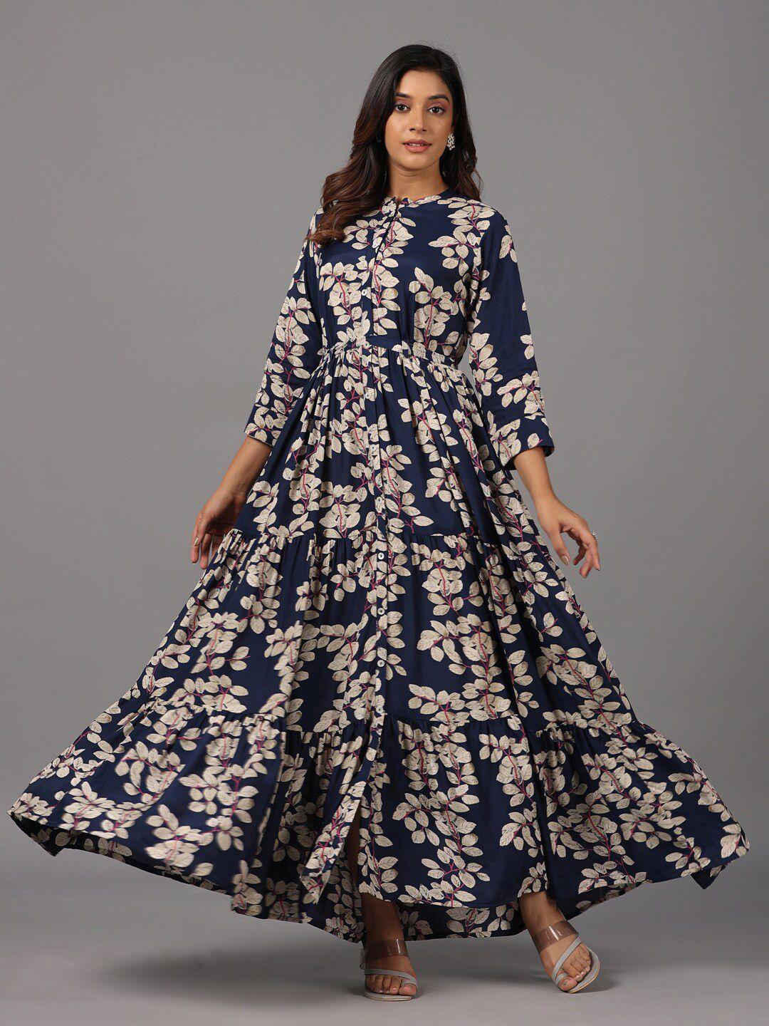 amchoor floral printed mandarin collar satin fit & flare maxi dress