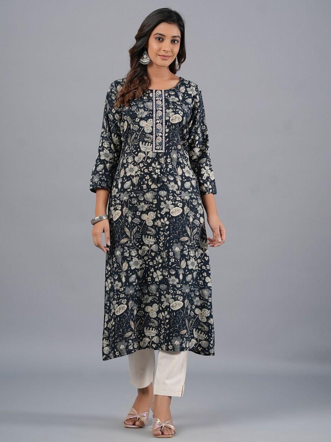 amchoor floral printed mirror work pure cotton straight kurta