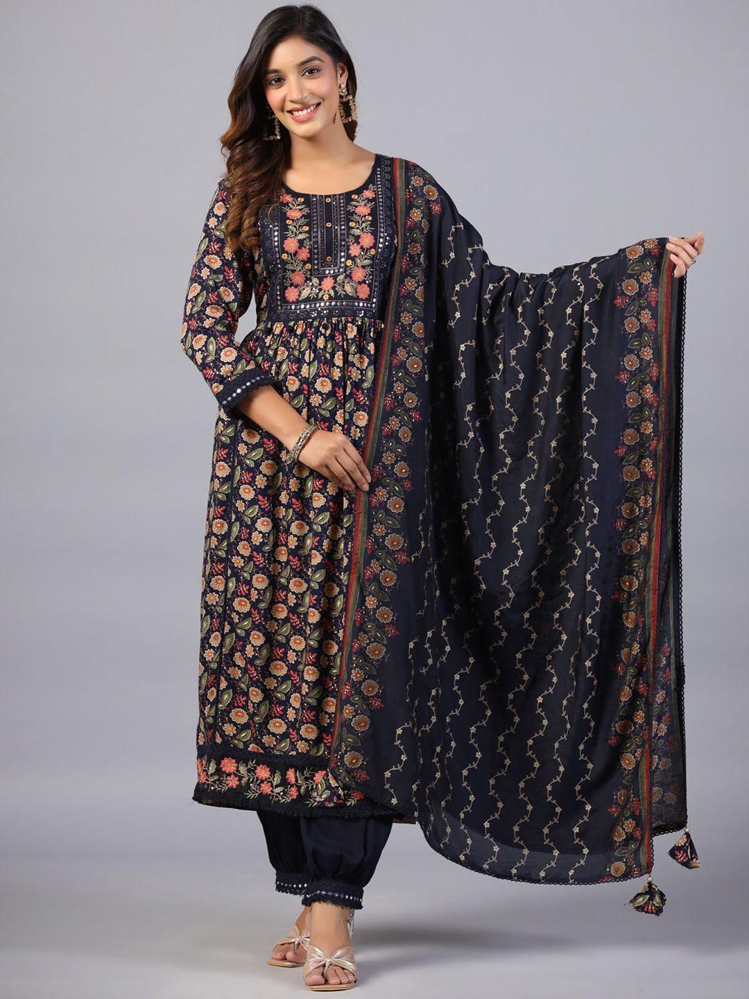 amchoor floral printed sequinned kurta with harem pants & with dupatta