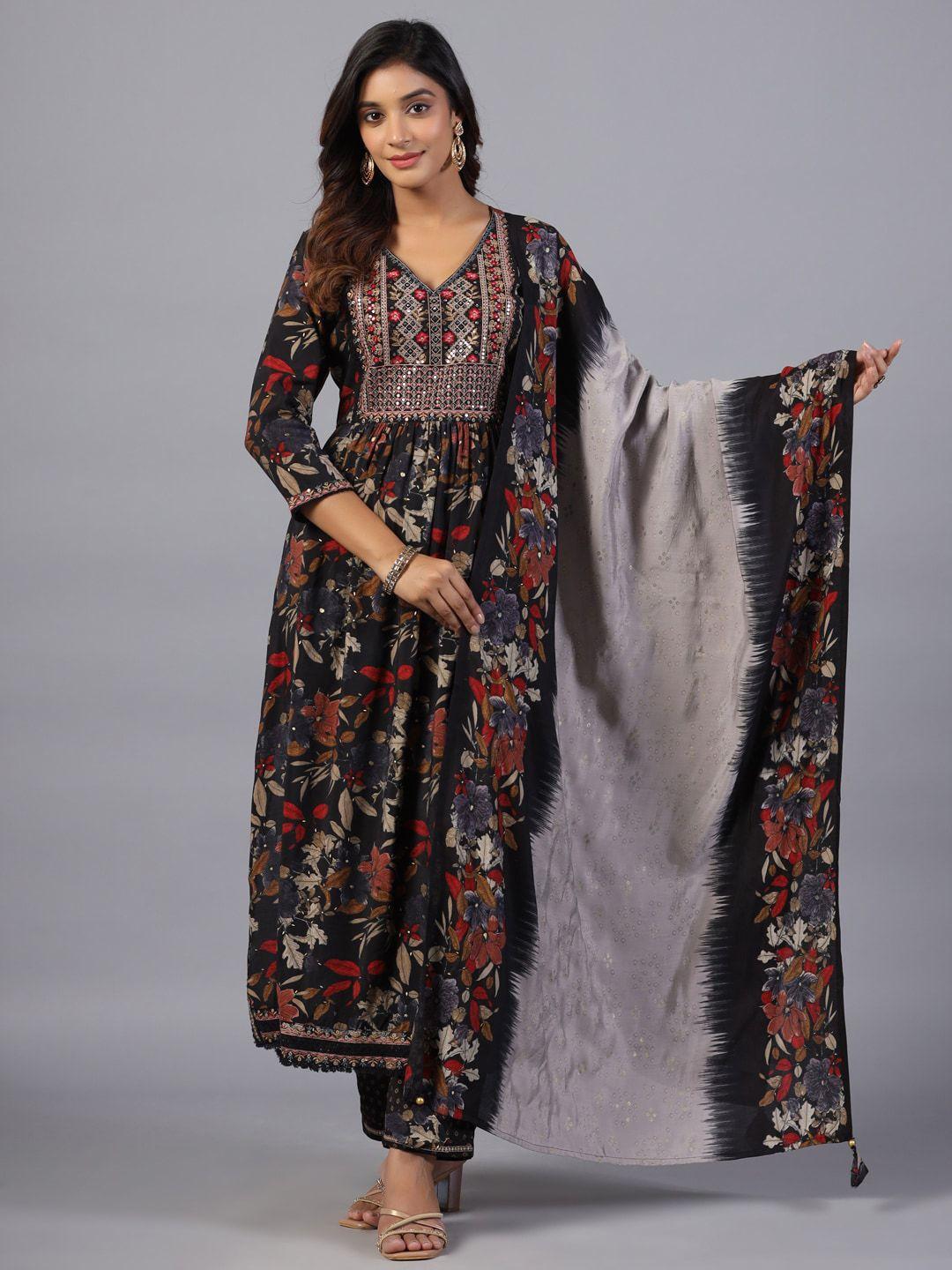 amchoor floral printed sequinned kurta with trouser & with dupatta