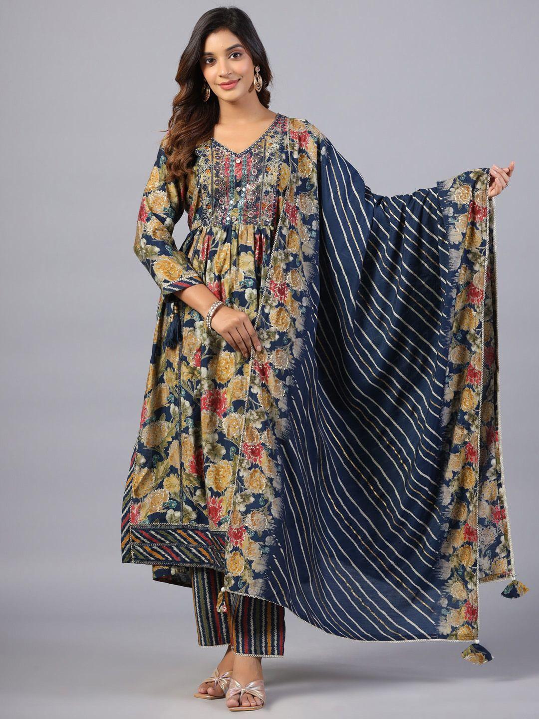 amchoor floral printed sequinned kurta with trouser & with dupatta