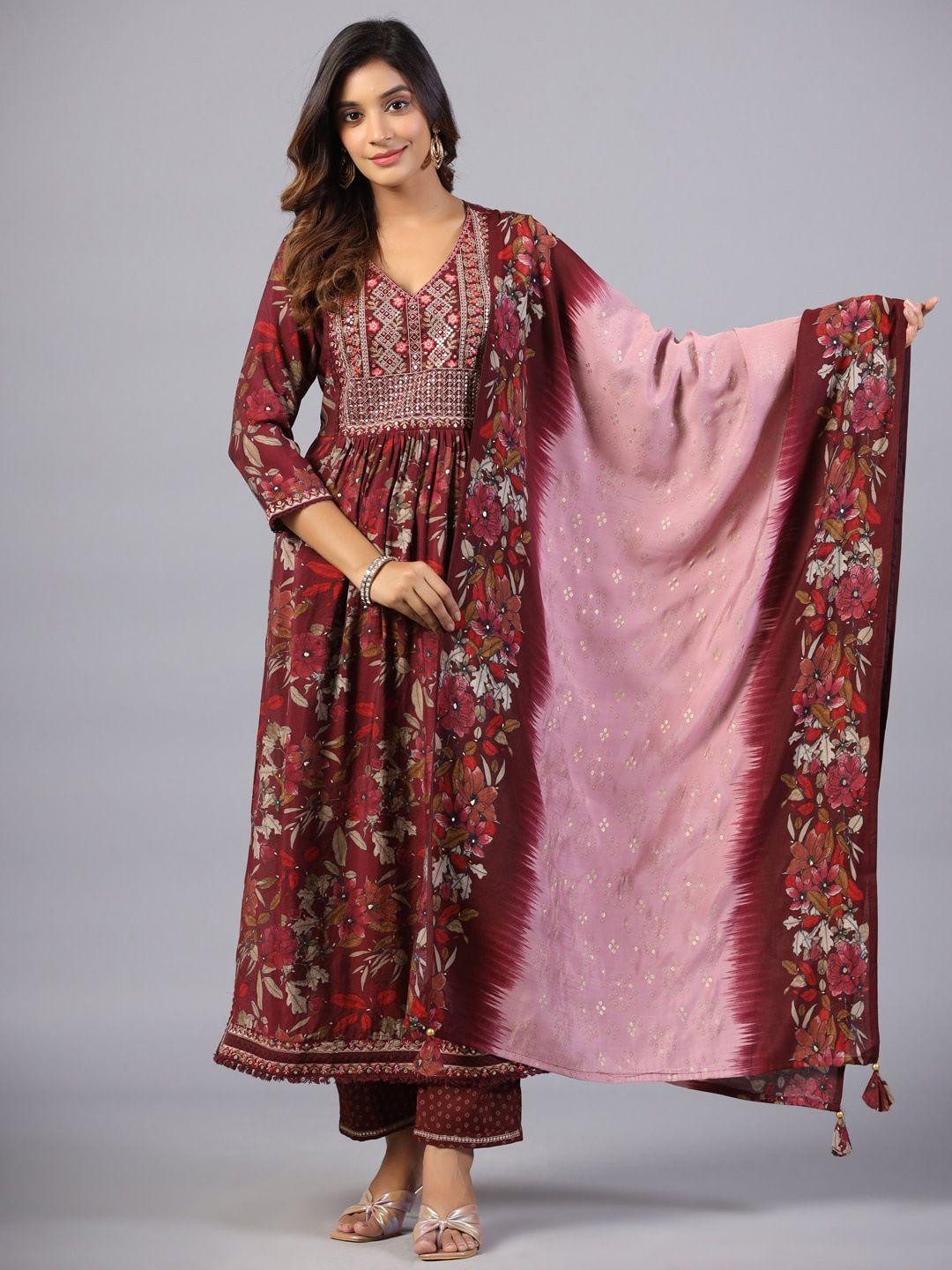 amchoor floral printed sequinned kurta with trousers & with dupatta