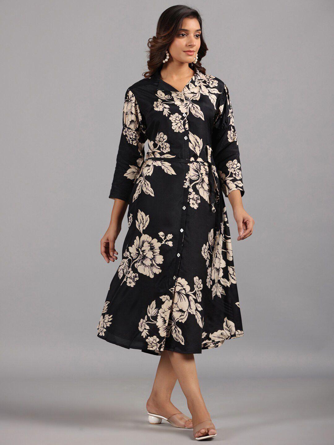 amchoor floral printed shirt collar tie-ups silk shirt midi dress