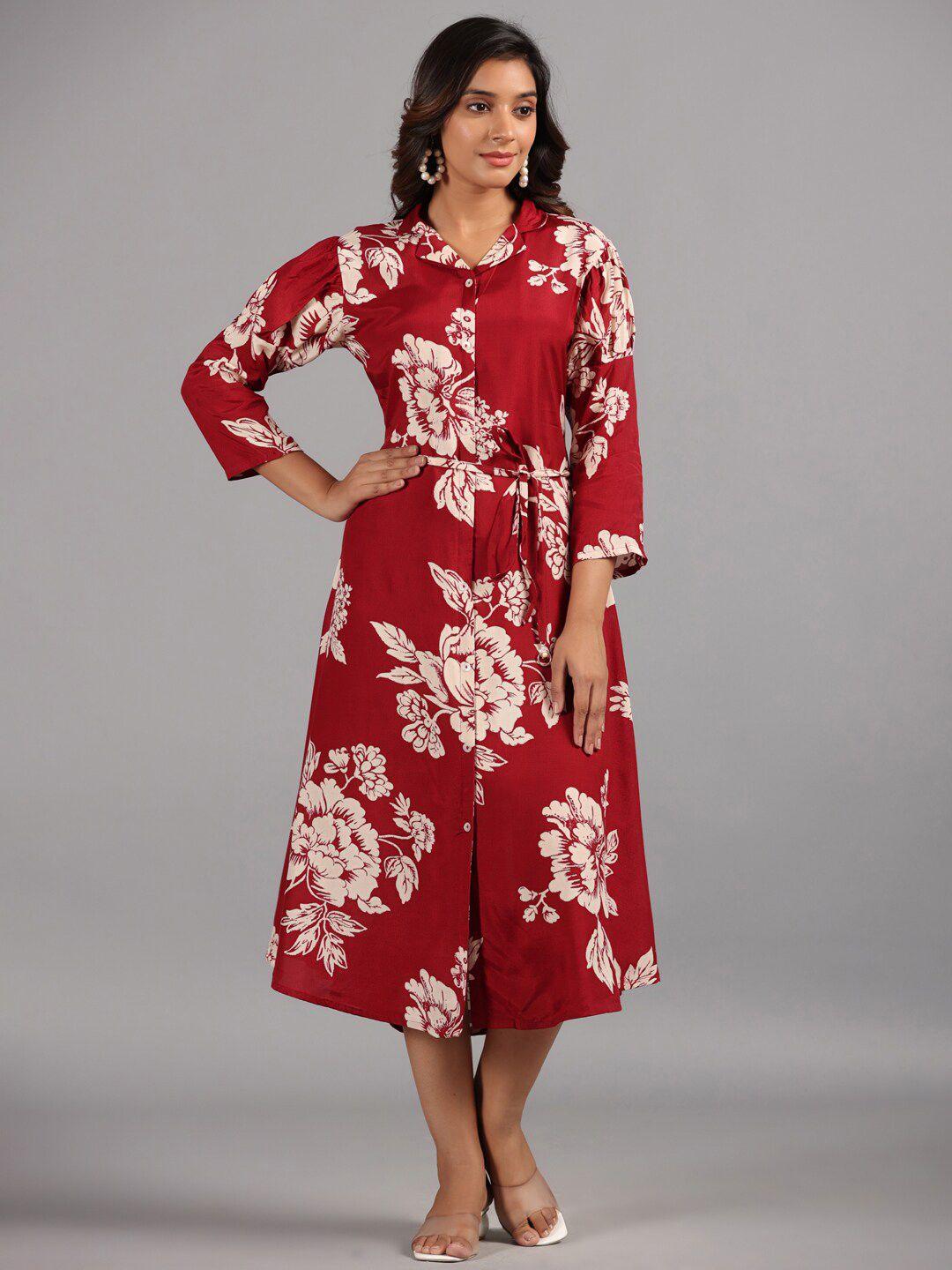 amchoor floral printed shirt collar tie-ups silk shirt midi dressss