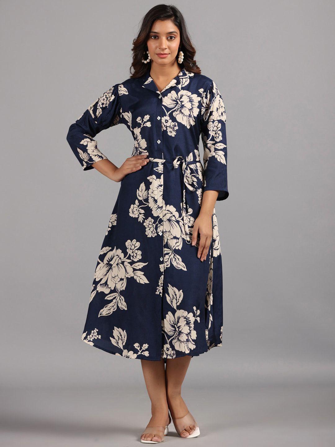 amchoor floral printed shirt collar tie-ups silk shirt midi dressss