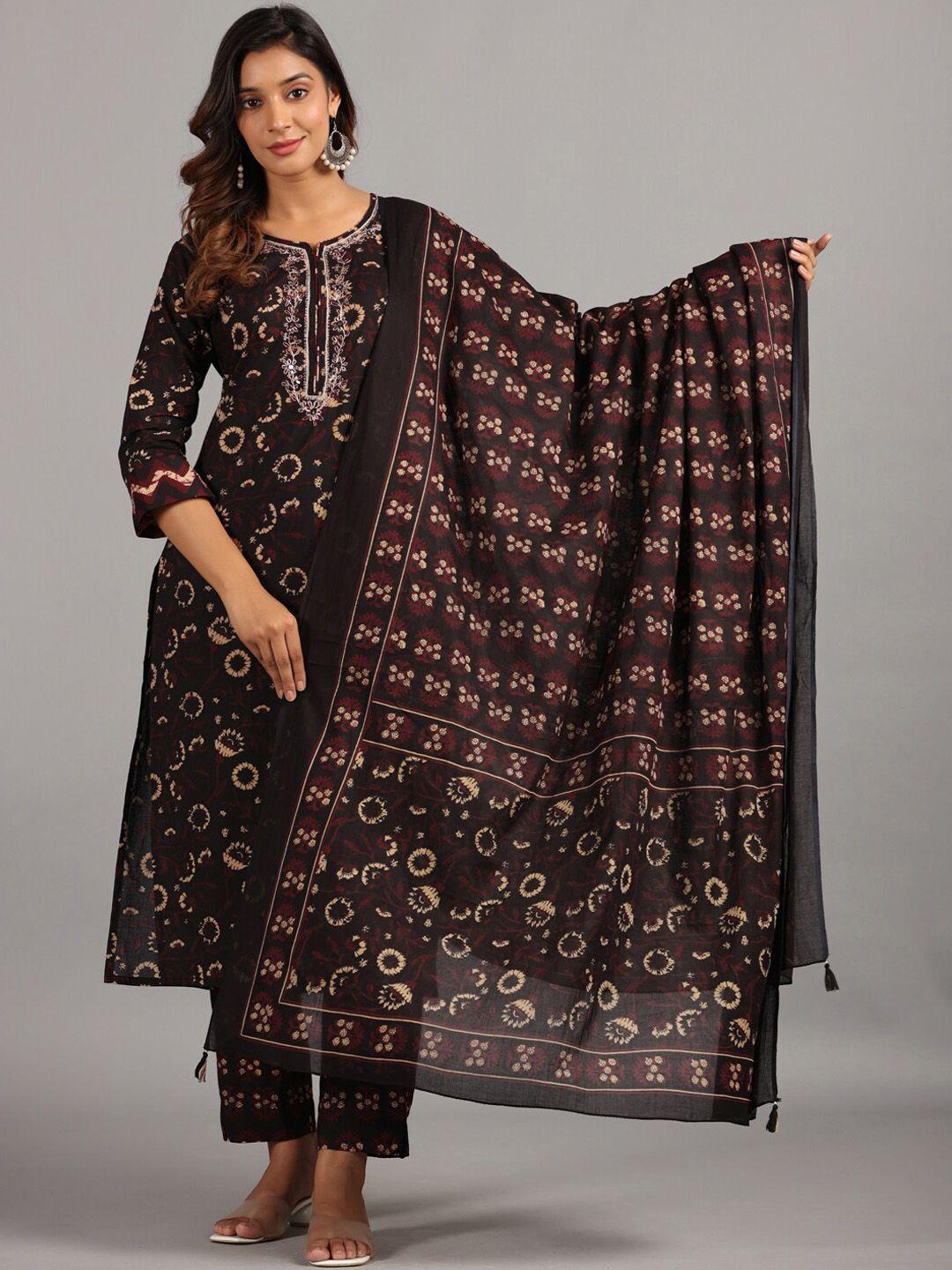 amchoor floral printed thread work detailed straight kurta & trousers with dupatta