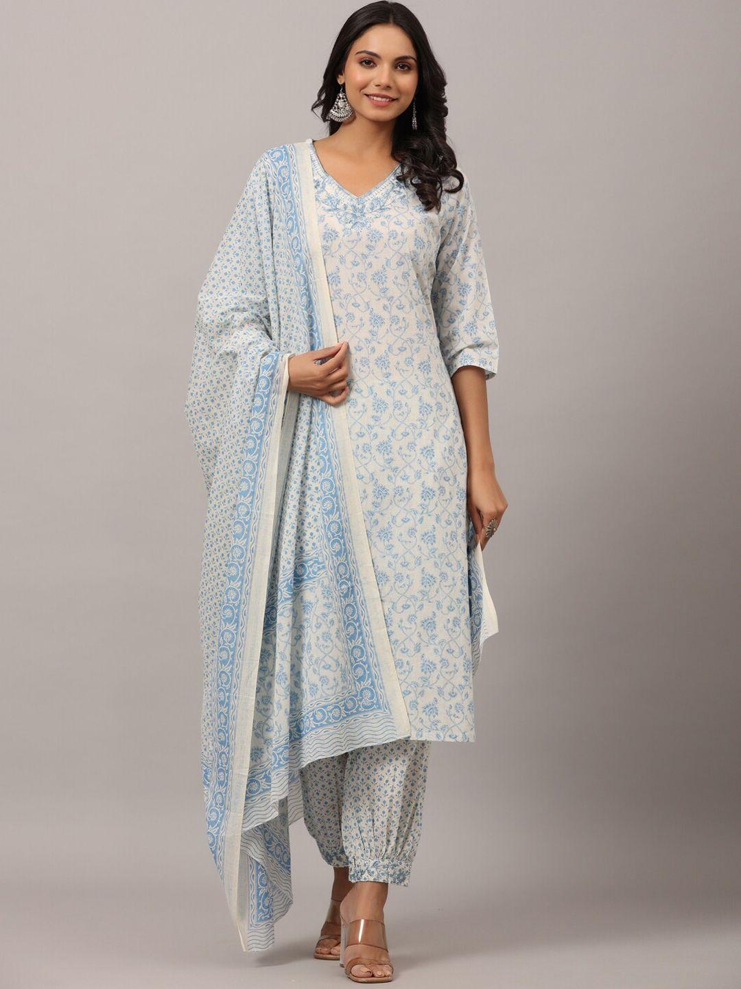 amchoor floral printed thread work pure cotton kurta with salwar & dupatta