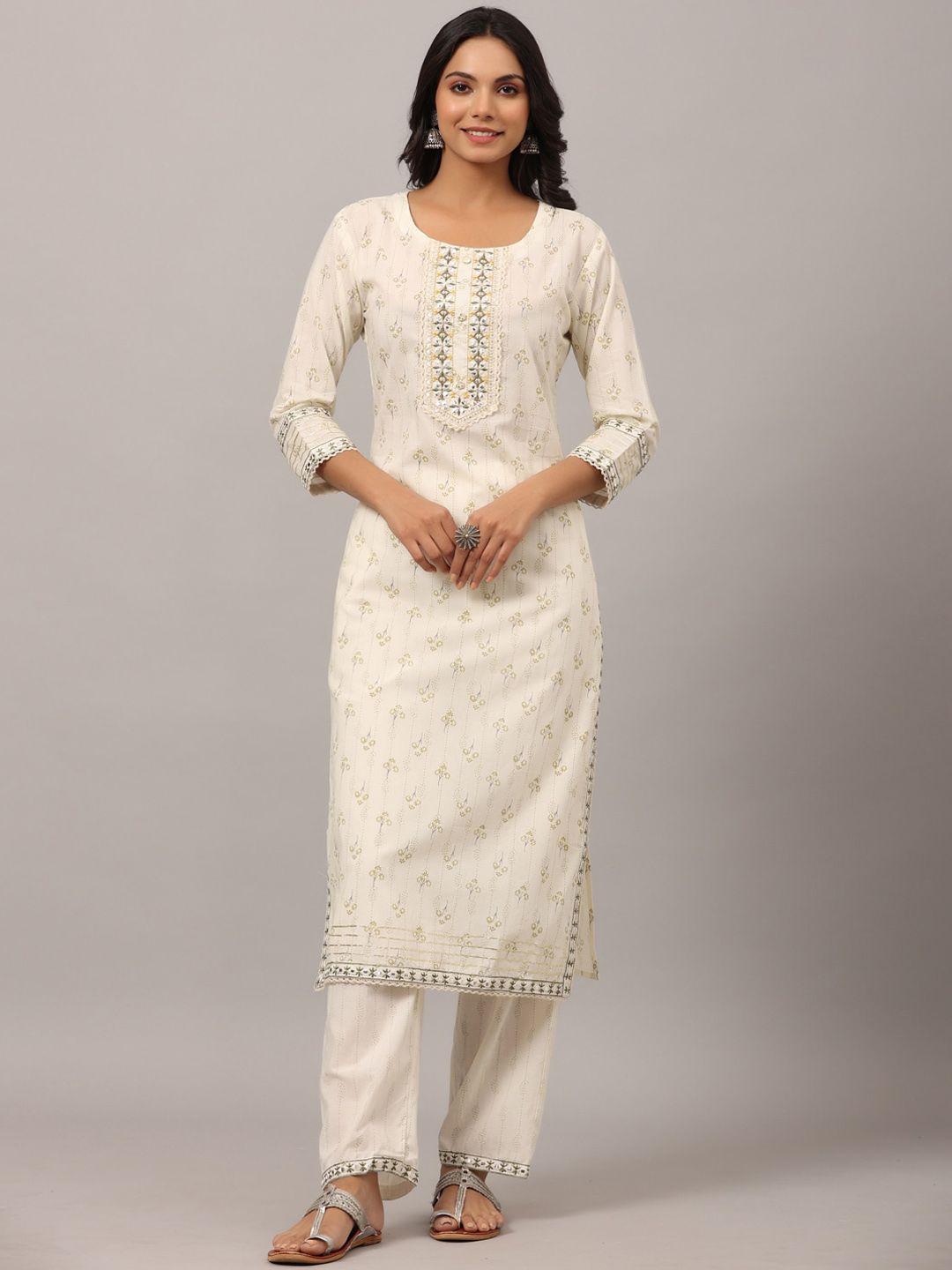 amchoor floral printed thread work pure cotton kurta with trousers & dupatta