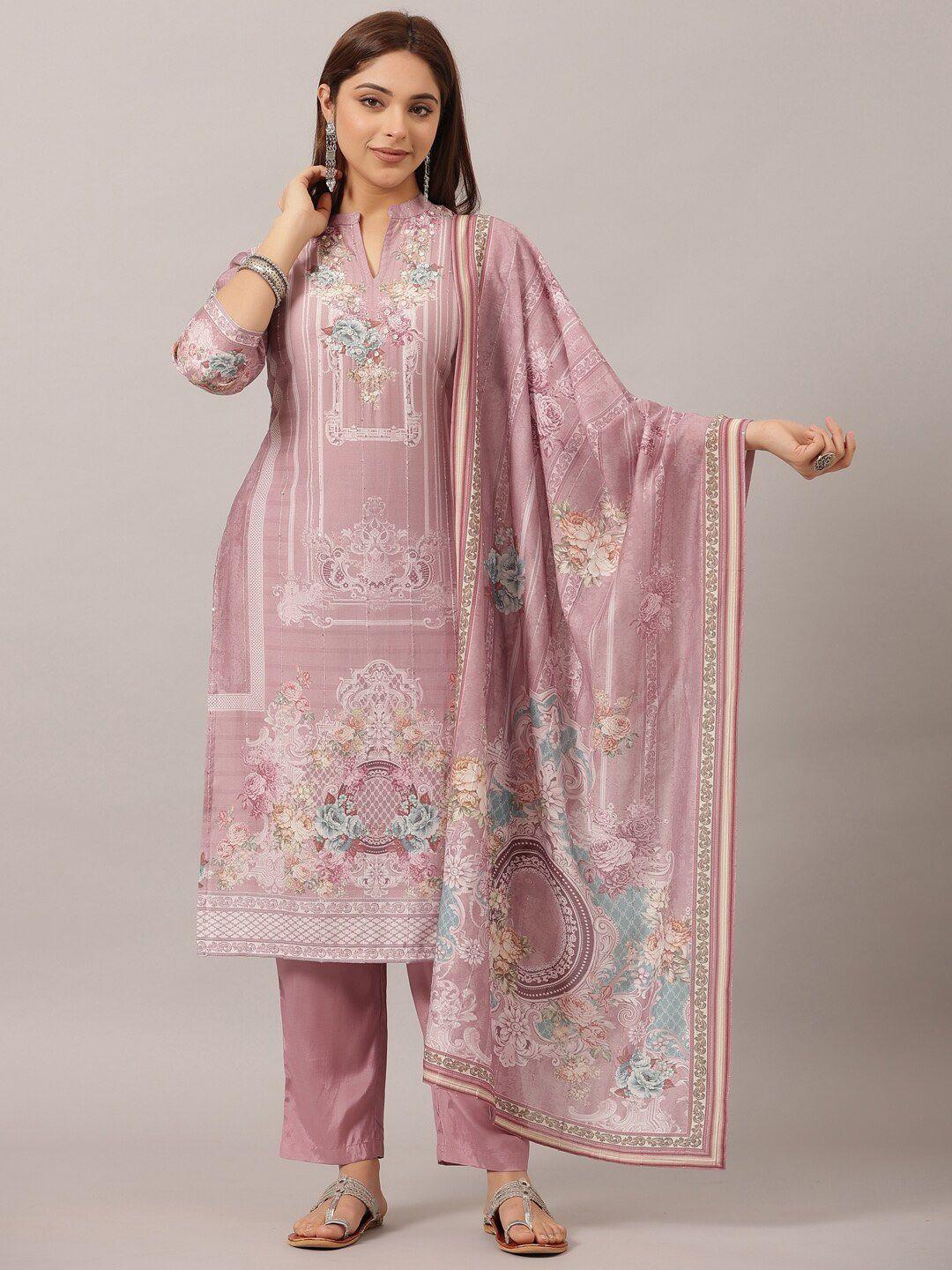 amchoor floral printed thread work pure cotton kurta with trousers & dupatta