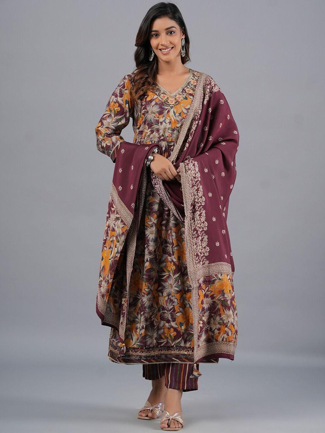 amchoor floral printed v-neck thread work a-line kurta with trouser & dupatta