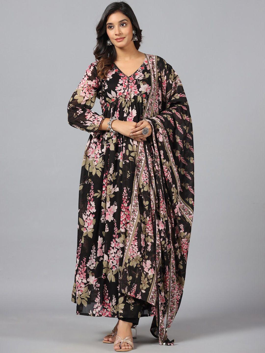 amchoor women black floral printed layered kurti with trousers & with dupatta