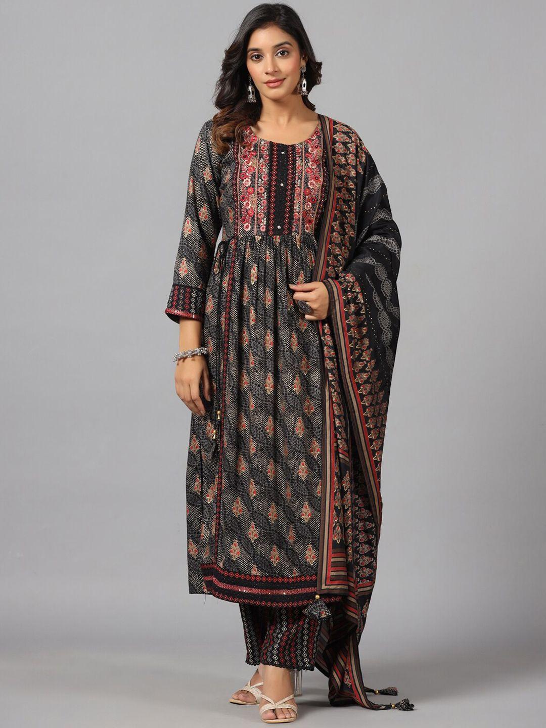 amchoor women black printed regular kurti with trousers & with dupatta