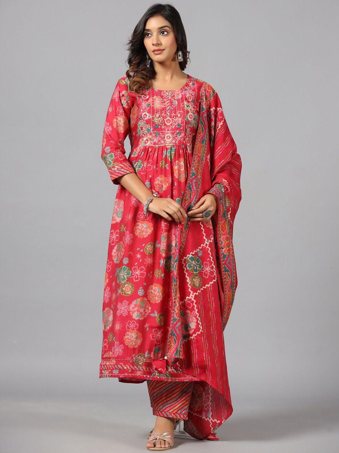 amchoor women magenta floral printed regular kurti with trousers & with dupatta