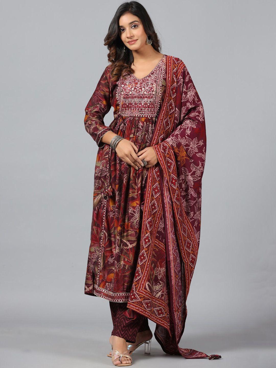 amchoor women maroon floral regular kurti with trousers & with dupatta