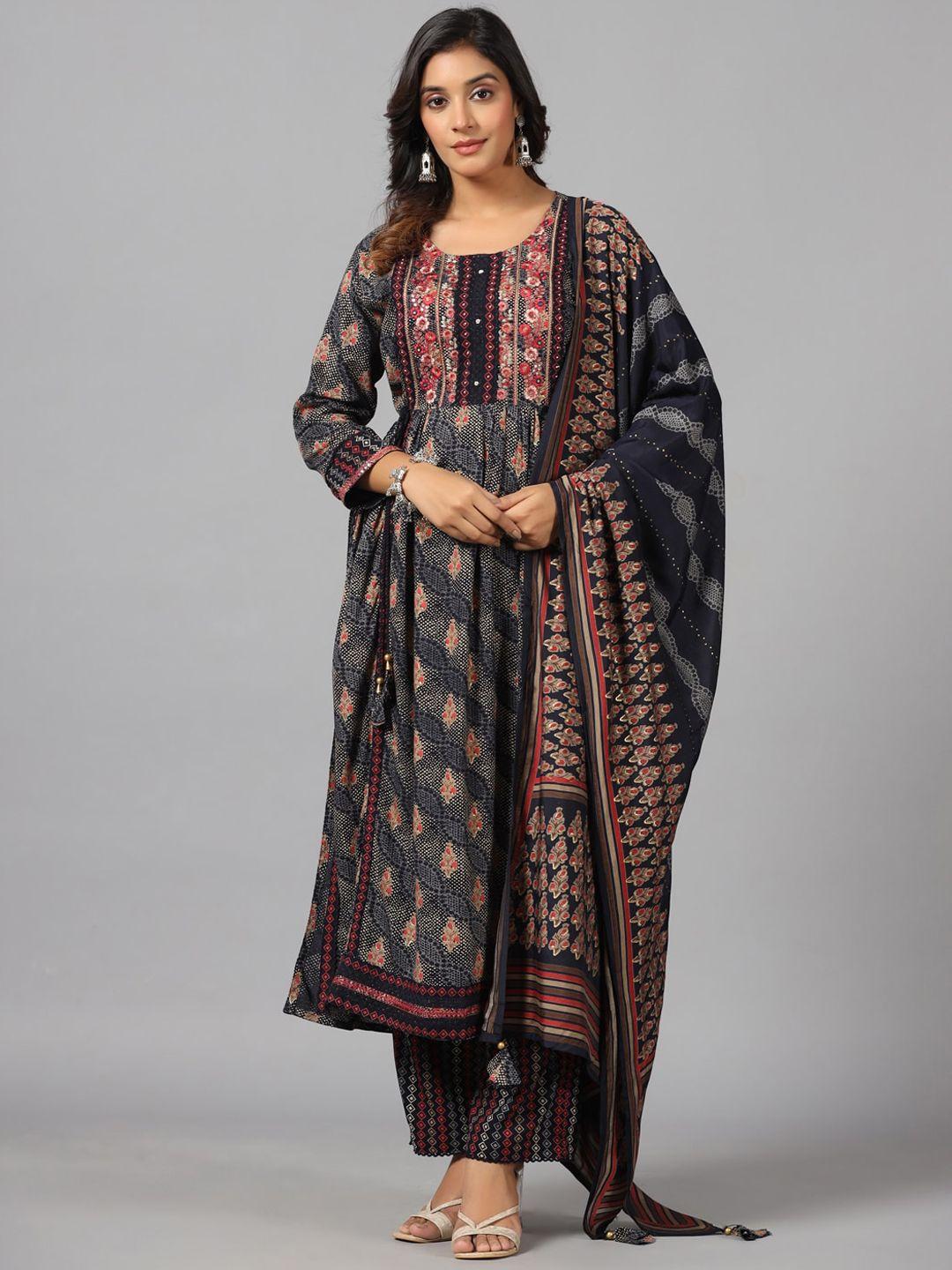 amchoor women navy blue printed regular kurti with trousers & with dupatta