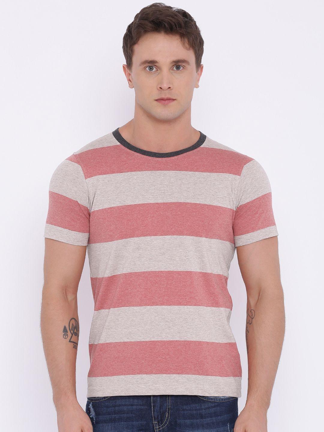 american crew men beige  coral pink striped pure cotton t-shirt