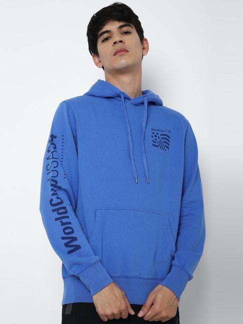 american eagle outfitters blue regular fit printed hooded sweatshirt