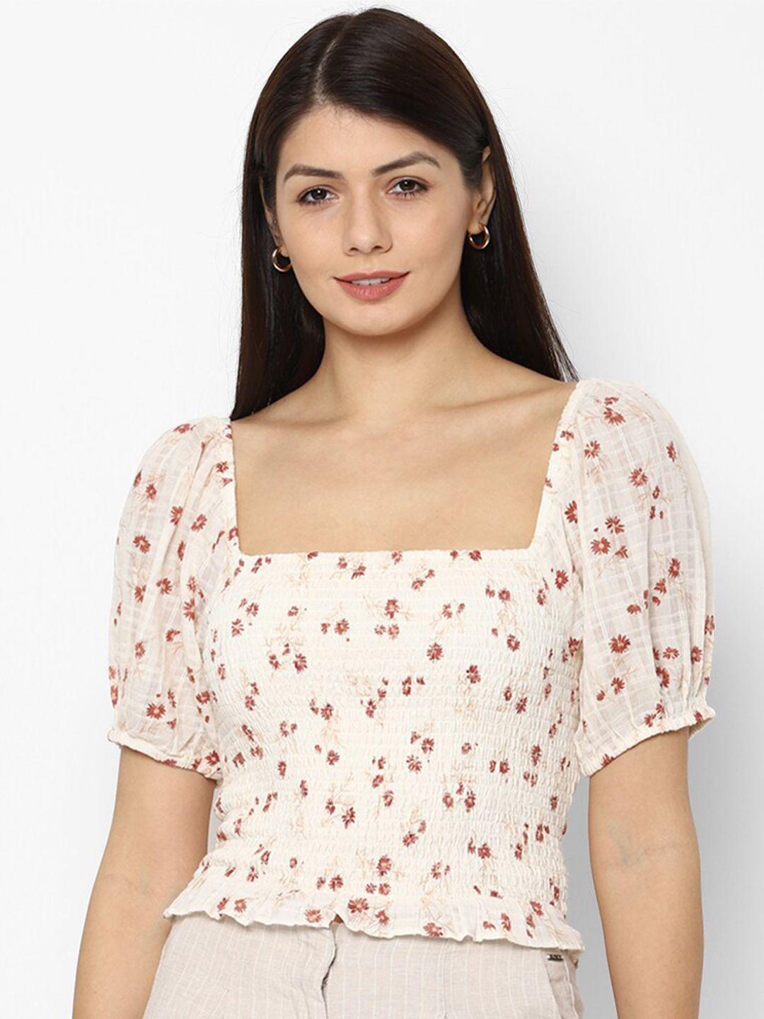 american eagle outfitters cream-coloured floral print smocked top