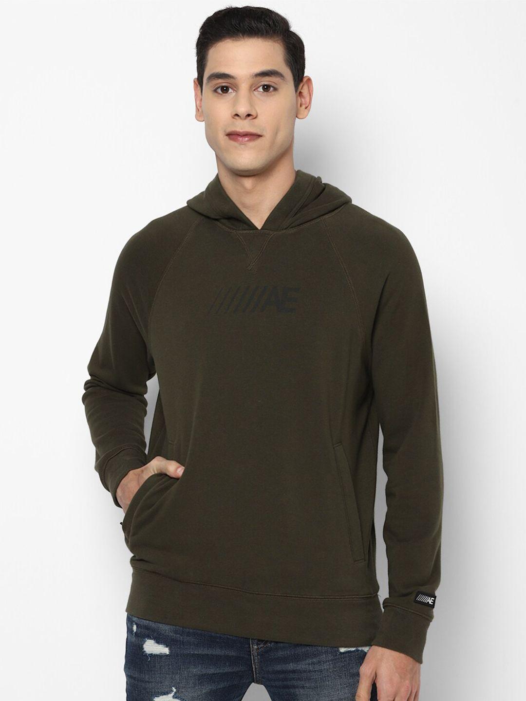 american eagle outfitters men olive green solid hooded sweatshirt with logo detail