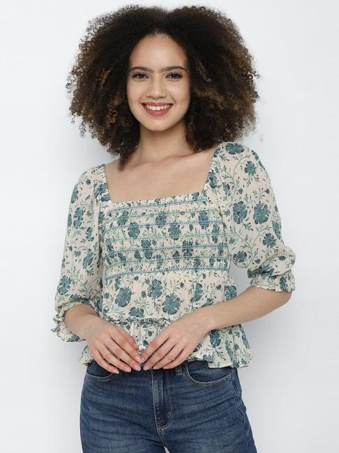 american eagle outfitters off-white & blue floral print top