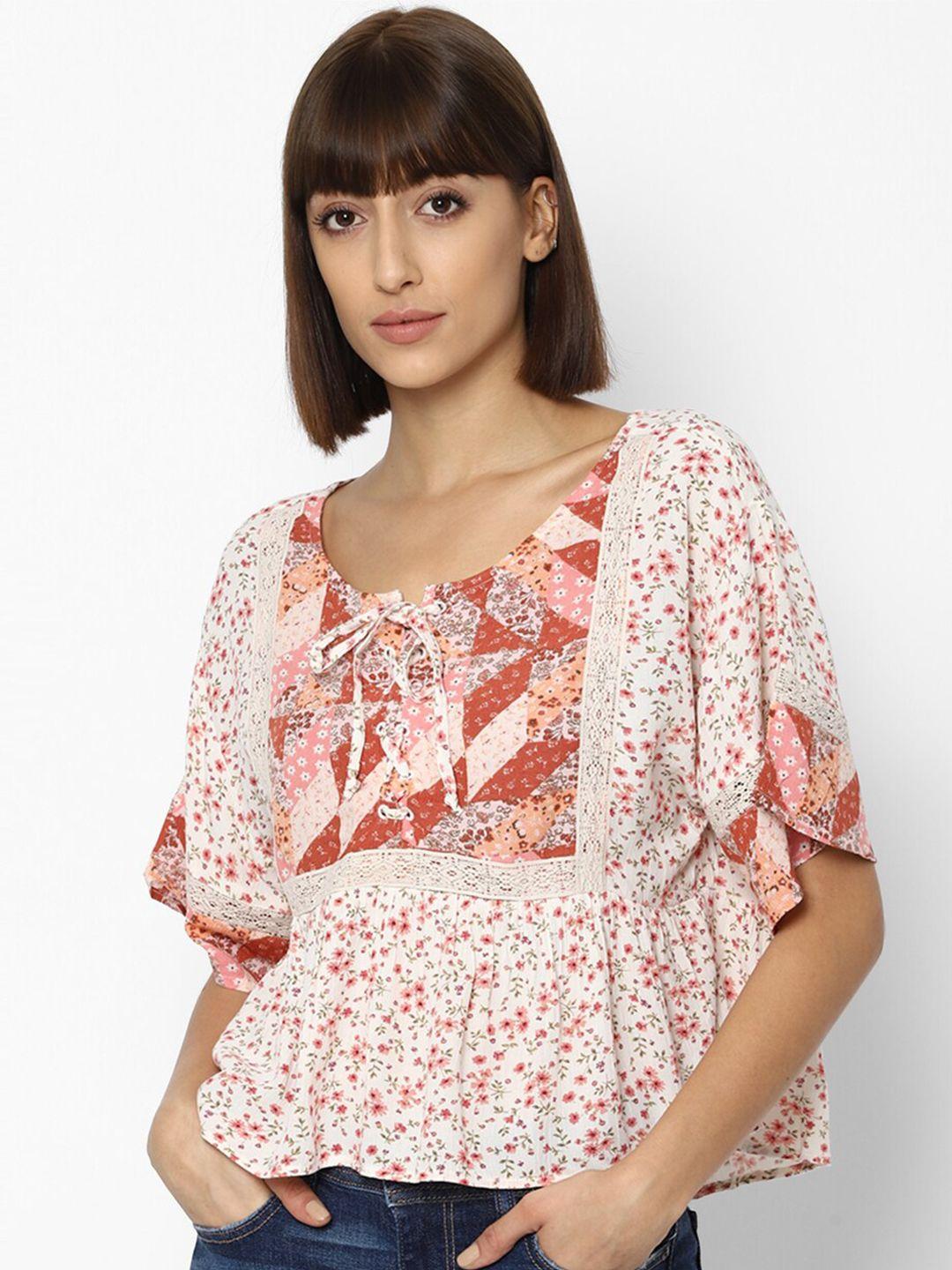 american eagle outfitters pink & coral floral tie-up neck ruffles a-line top