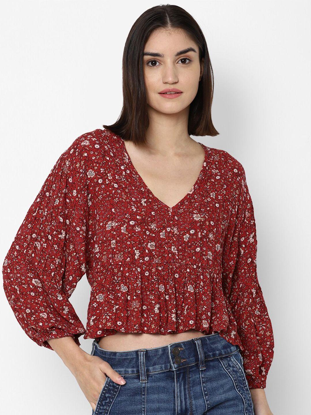 american eagle outfitters red & off white floral peplum crop top