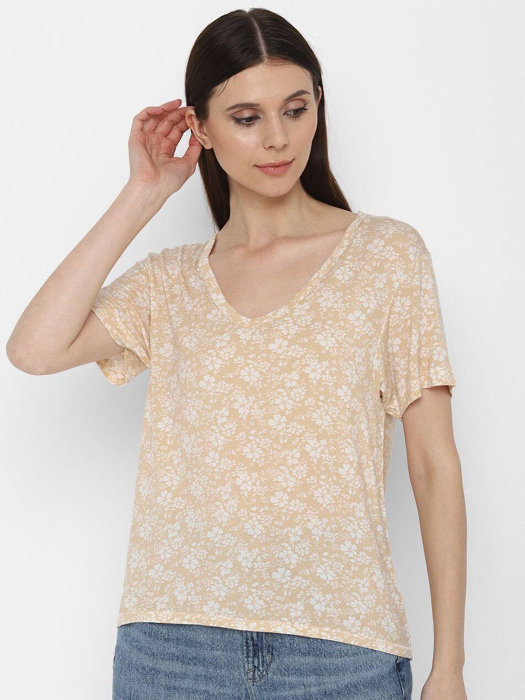 american eagle outfitters women beige floral v-neck extended sleeves raw edge t-shirt
