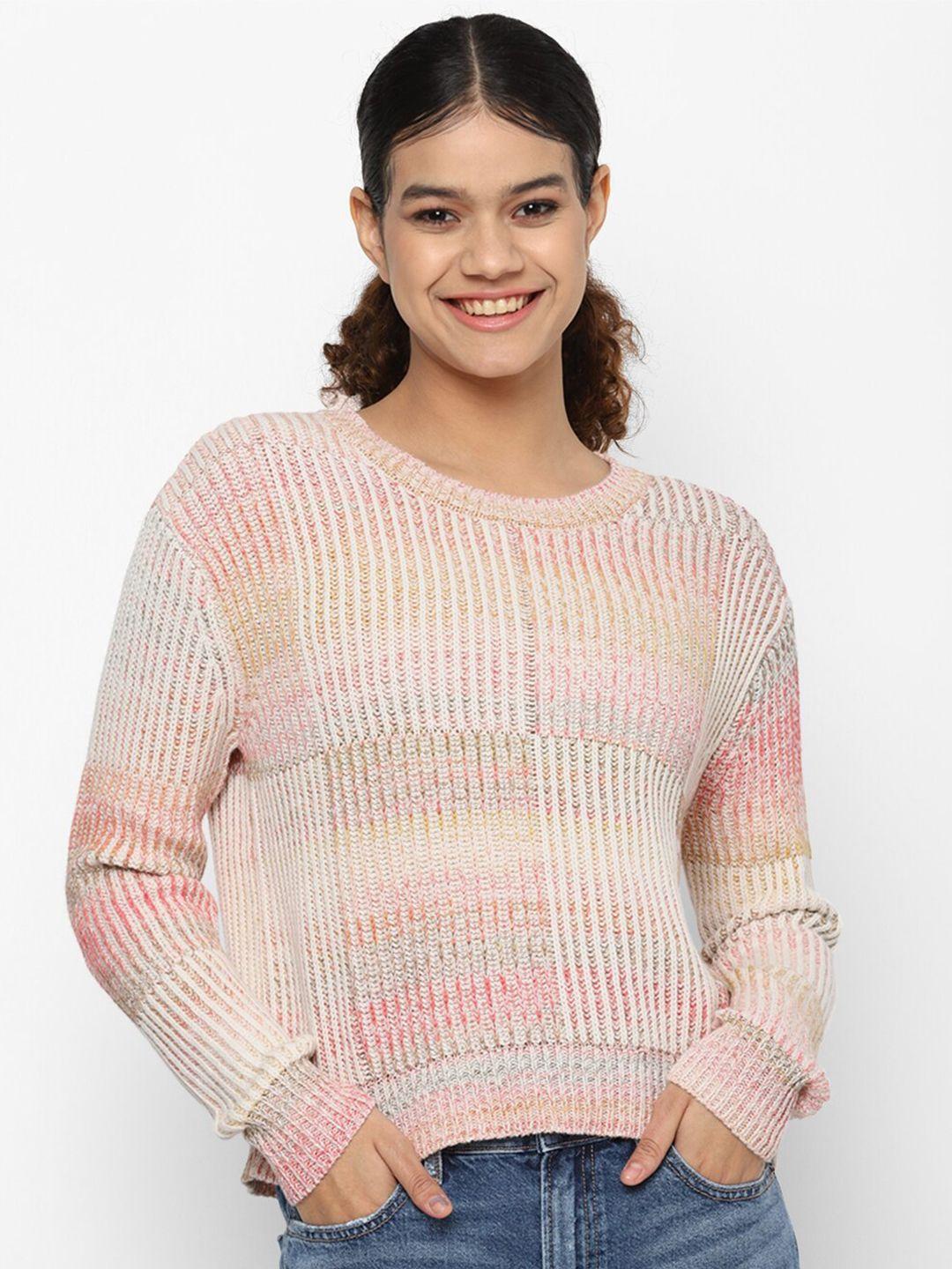 american eagle outfitters women cream-coloured & pink cable knit pullover sweater