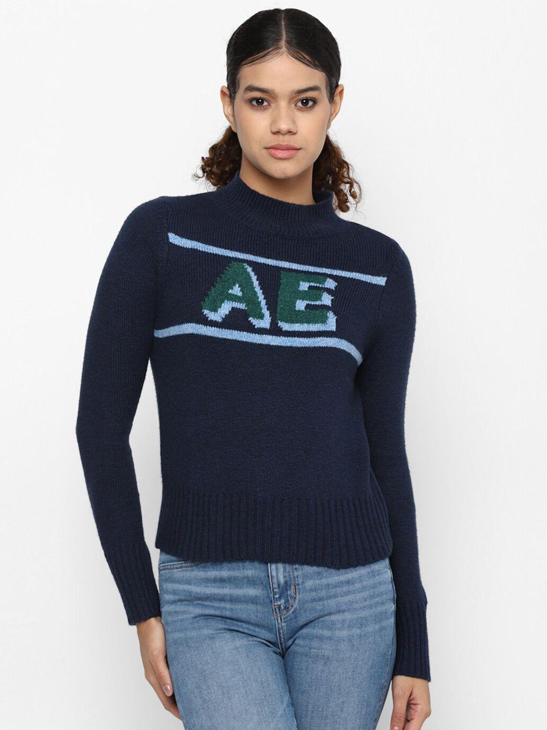 american eagle outfitters women navy blue & green typography printed pullover