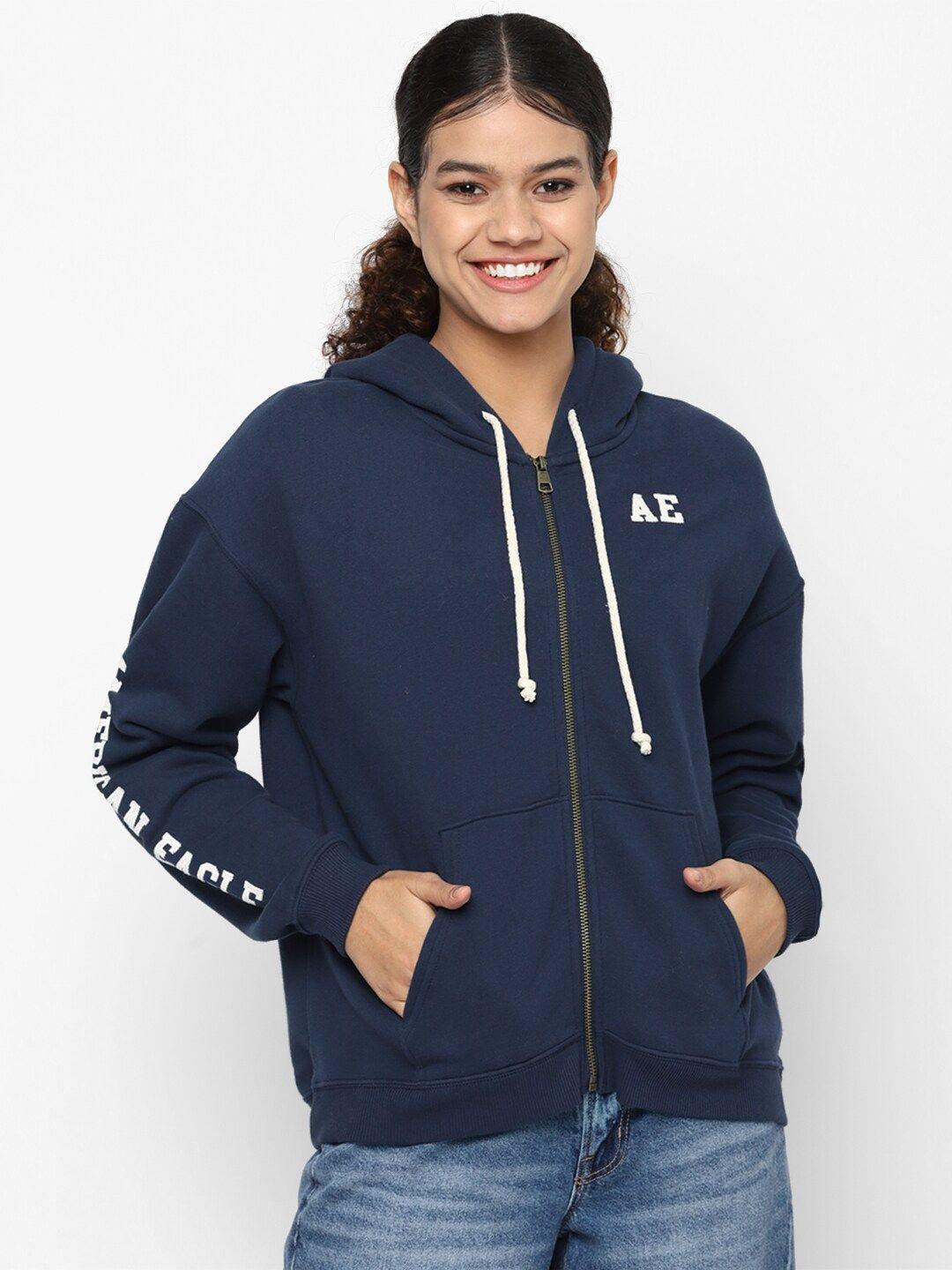 american eagle outfitters women navy blue printed hooded sweatshirt