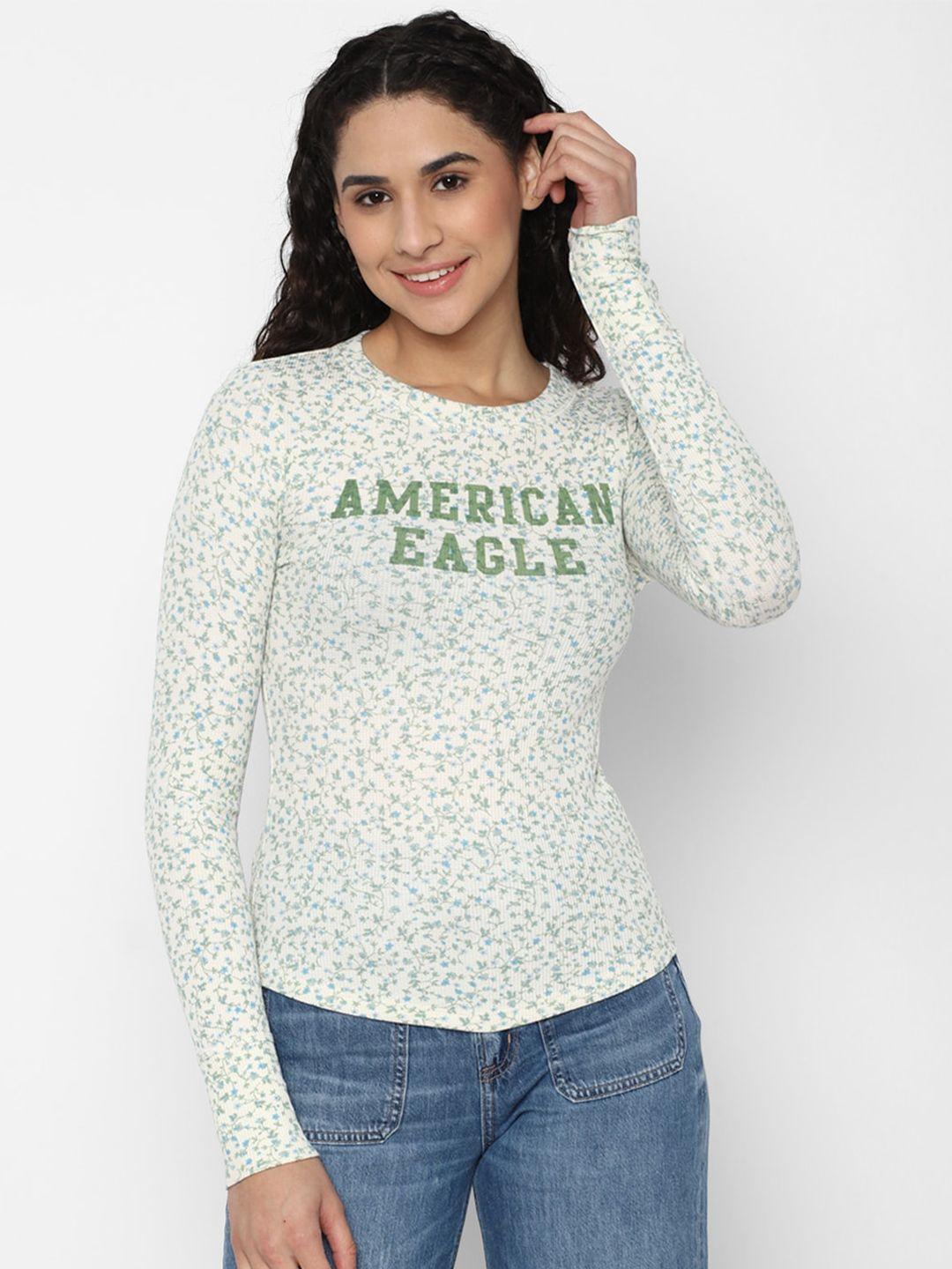 american eagle outfitters women off white & green floral printed t-shirt