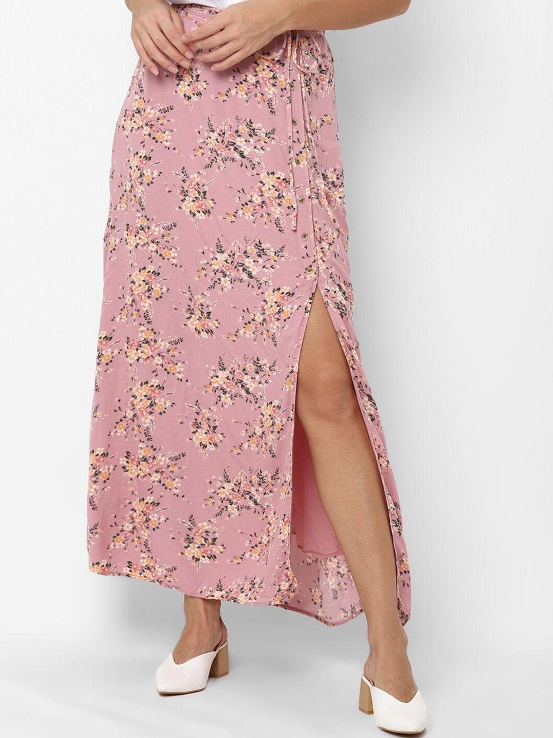 american eagle outfitters women pink & orange floral printed a-line maxi skirt